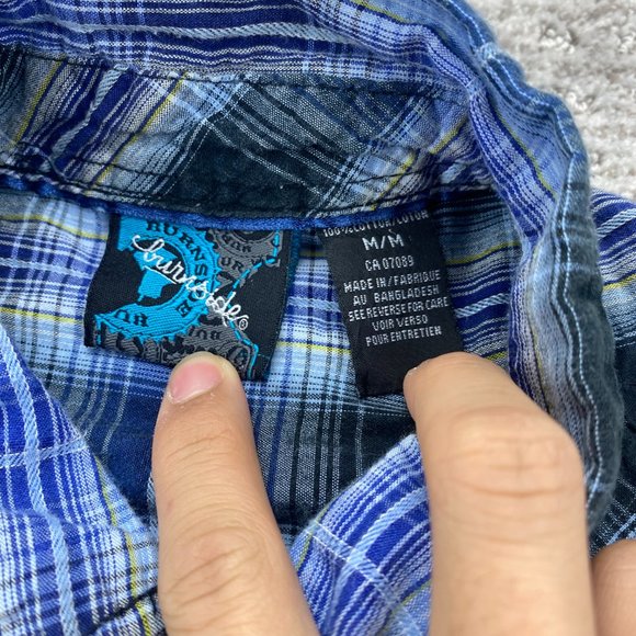 Burnside Shirt Men Medium M Blue Black Purple Plaid Button Up Casual Logo Surfer - Picture 7 of 10
